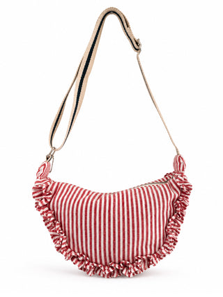 Red and white striped bag with ruffled edges on a white background