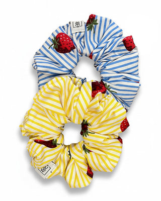 printed scrunchies on white background
