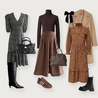 Collection of winter clothing and accessories including dresses, coats, boots, and handbags on a white background.