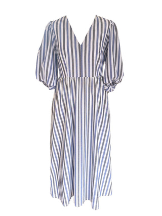 Front view of The Ottillie Dress in blue & white stripes, with a V-neck, balloon sleeves, and side pockets.
