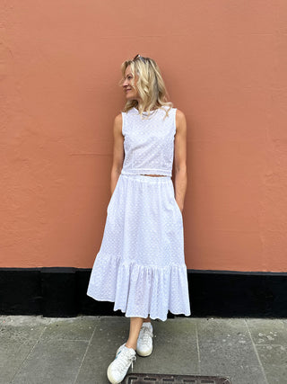 white skirt on model