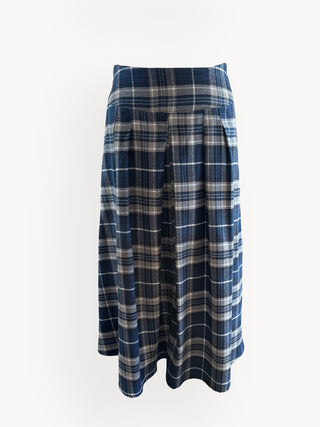 Plaid skirt with blue, white, and beige pattern on a white background