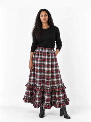 women wearing tartan ruffle skirt