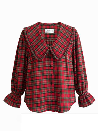 Red and green plaid shirt with a ruffled collar on a white background