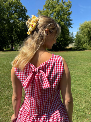 Person wearing a red and white checkered dress with a bow on a grassy field