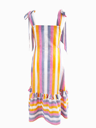 Back view of The Mila Dress – eco-conscious pastel stripe dress perfect for summer weddings, handmade in Hampshire by The Well Worn.