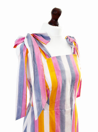 Close-up of The Mila Dress fabric – multicolour vertical stripes in lightweight deadstock cotton, ideal for ethical summer wardrobes.