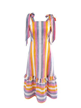 Front view of The Mila Dress – pastel rainbow stripe summer midi dress made from deadstock cotton, ethically made in the UK by The Well Worn.