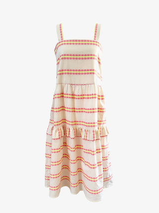Striped dress with ruffled layers on a white background