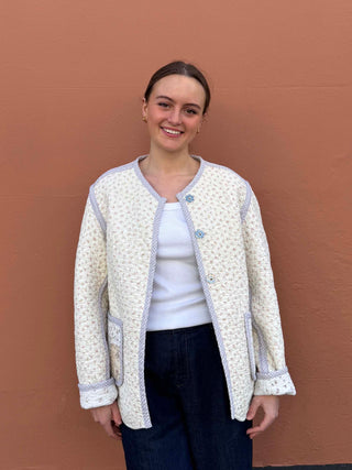 Cream and beige quilted coat with heritage ric rac trim, sustainable fashion from The Well Worn UK