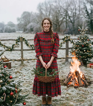 woman wearing red tartan dress in festive setting 