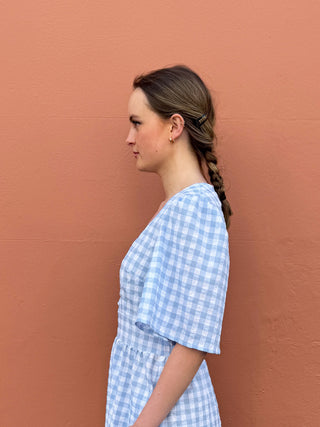 Ethical fashion gingham dress in seersucker fabric, made in the UK in small quantities

