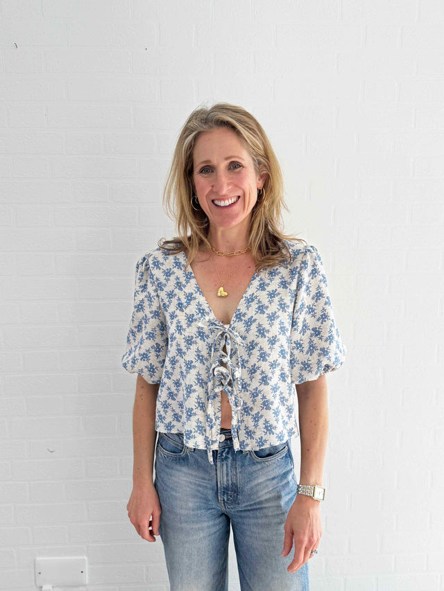The Well Worn women wearing vintage fabric top