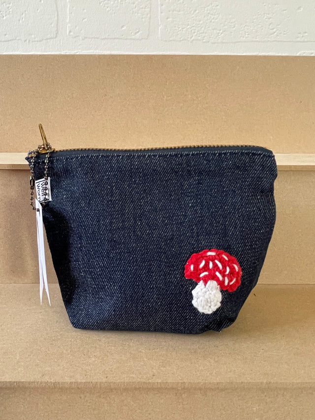 denim purse with toadstool