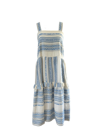 Striped dress with blue and white pattern on a white background