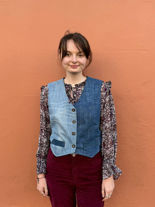 women wearing denim waistcoat
