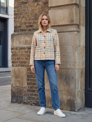 woman wearing check chore jacket