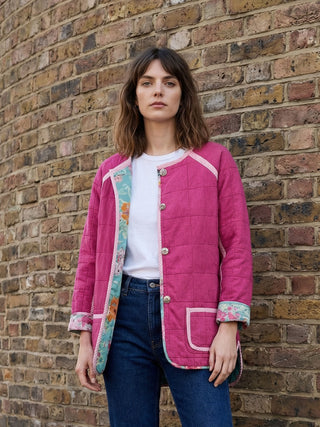 women wearing pink floral jacket