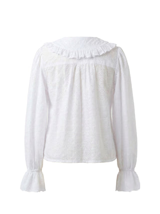 White blouse with ruffled collar on a white background