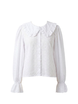 White blouse with ruffled collar on a white background