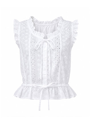 A white sleeveless eyelet lace top with ruffled trim, a tie-front neckline, and a ruffled hem with drawstrings, shown on a plain white background.