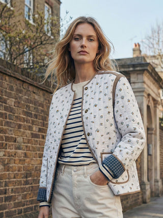 model wearing quilted jacket